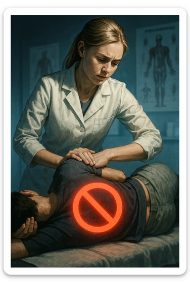 cinematic vertical medical illustration of young female osteopath with fair skin and straight blonde hair in ponytail wearing crisp white coat performing lumbar rotation manipulation on patient lying on side, vivid glowing red prohibition sign superimposed over patient's lower back indicating technique not suitable for postural asymmetry, softly blurred modern clinic background with anatomical posters and subtle blue lighting, dramatic high contrast filmic editorial style emphasizing warning sticker