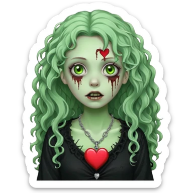 a green zombie girl with a scar on her face, long curly hair, wearing a black blouse and a silver necklace with a heart pendant. sticker