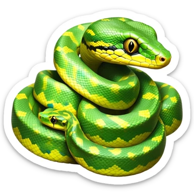 cinematic-green tree python-realistic-full-body-coiled-emoji,-thick-scaled-body-looped-tightly,-intricate-tellow and green-patterned-scales-reflecting-light,-head-tilted-dramatically,-slitted-eyes-staring-calmly,-simplified-yet-realistic-focused-feature sticker