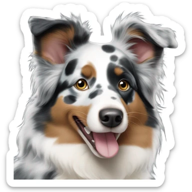 Australian Shepherd Blue Merle with Blue eyes, ran around the snout one ear spotted one ear black with a white spot smiling happy tongue out sticker