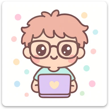 computer nerd icon, thick glasses, messy hair, playful, kawaii cartoon style sticker