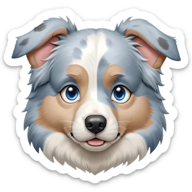 Cinematic Grumpy Blue Merle and White Australian Shepherd Portrait Emoji, Head tilted slightly with a deeply unimpressed expression, thick blue merle fur with crisp white markings, large, droopy blue eyes narrowed into an unamused glare, ears slightly drooping in exasperation, Simplified yet comically expressive features, highly detailed, glowing with a dry, sarcastic glow, high shine, effortlessly judgmental yet dignified, stylized with a touch of cynicism, bright but brooding, soft glowing outline, capturing the essence of an eternally unimpressed yet endearing pup, so lifelike it feels like it could sigh heavily at you in disdain at any moment! sticker