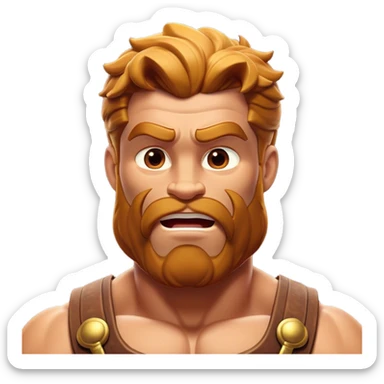 Cinematic Realistic Hercules Portrait, head tilted dramatically with an exaggeratedly amused expression, featuring a bold yet playful demeanor. His rugged, muscular form and finely detailed classical garb are rendered with dynamic lighting and robust textures, conveying a rare moment of lighthearted mirth from a timeless legend. sticker