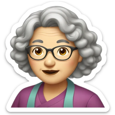 Chinese senior  lady has wavy long  wavy hair wear glasses show appreciation signs sticker