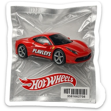 red Ferrari in Hot Wheels packaging, 'PLAVLEYS' written on the side in dynamic racing font, glossy, vacuum-sealed style sticker