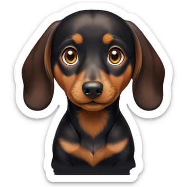 Cinematic Cute black and tan Dachshund Portrait Emoji, Head tilted playfully and inquisitively, featuring a glossy black and tan coat with a sleek sheen, round, sparkling brown eyes filled with curiosity, Simplified yet irresistibly adorable features, highly detailed, glowing with a warm, friendly glow, high shine, affectionate and spirited, stylized with a touch of whimsy, bright and endearing, soft glowing outline, capturing the essence of a mischievous yet loving pup, so playful it feels like it could dash out of the screen and into your arms! sticker