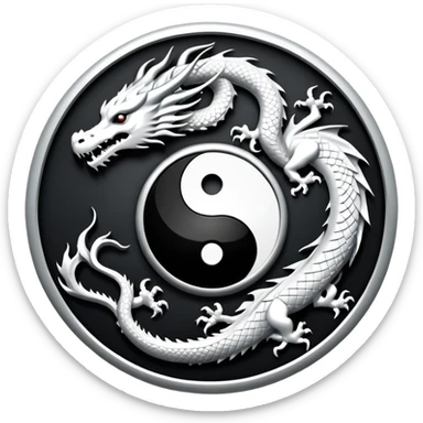 An icon symbolizing Eastern martial arts in the style of an emblem, featuring a black-and-white Yin-Yang symbol and a dragon at the center, surrounded by elements like a dojo. Transparent background highlights balance and power. sticker