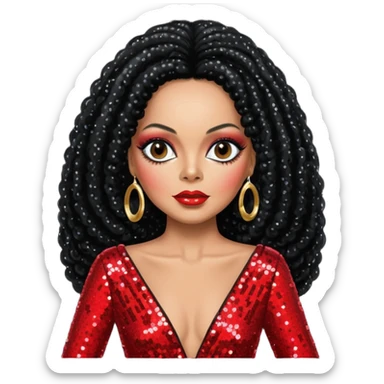 Diana Ross with long jet black hair, red sequin outfit  sticker
