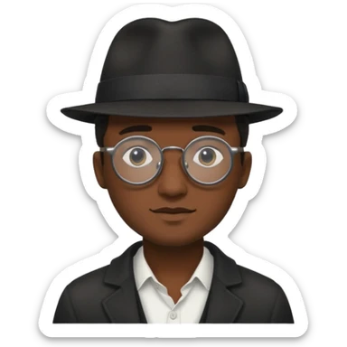 A man emoji with dark skin, wearing round glasses and a black fedora hat, with a clean-shaven face. sticker