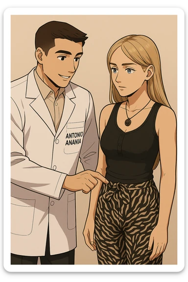 fai un webtoon/manga a colori con questo kinesiologo in camice bianco (fagli la scritta "ANTONIO ANANIA" SUL CAMICE) CHE PARLA CON QUESTA RAGAZZA CON GLI OCCHI AZZURRI. IL KINESIOLOGO CON IL CAMICE BIANCO LE TOCCA LA PANCIA CON UN DITO DOVE C'è L'INTESTINO. NON FARE I FUMETTI, FAI SOLO LORO COME SE DIALOGASSERO sticker