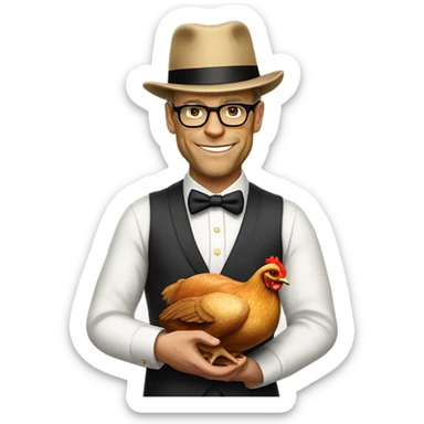 Alton brown wearing bowler hat holding a roasted chicken sticker