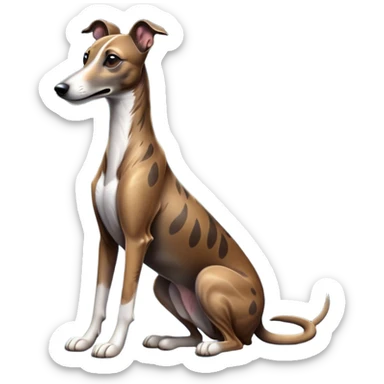 cinematic-[brindle greyhound]-realistic-full-body-sitting-emoji,-tail-resting-loosely-beside-its-paws,-head-tilted-dramatically, -sleek-[brindle]-fur,-simplified-yet-realistic-focused-features,-highly-detailed,-glowing-with-an-almost-sarcastic-glow sticker