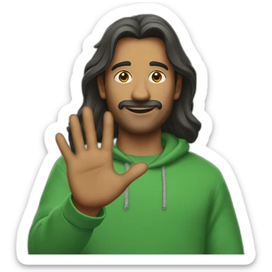 an indian man wearing a green sweatshirt, long hair down to chest, no beard or mustache, waving goodbye, close up sticker
