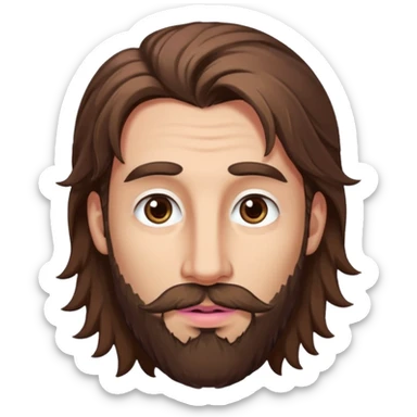 Handsome white man with big brown eyes thin pink lips long nose and long brown messy hair brown patchy beard sticker