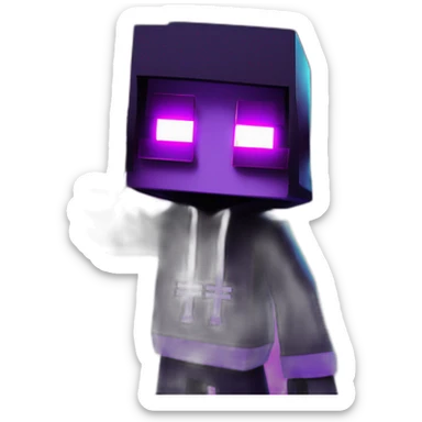 Minecraft Creeper wearing a black hoodie with "OMG" letters on it and VR headset in a cyberpunk VR environment with violet neon lighting. sticker