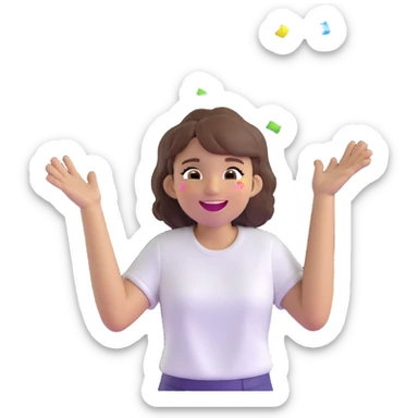 3D emoji style character with short tousled brown hair, light skin, white shirt, festive party vibe, throwing confetti, laughing, wearing colorful party accessory, fiestero emoji sticker