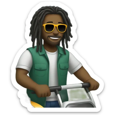 Black man with dreads and sunglasses mowing sticker