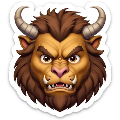 Beast from Beauty and the Beast with human mouth but angry expression, furrowed brow, still with horns and fur sticker