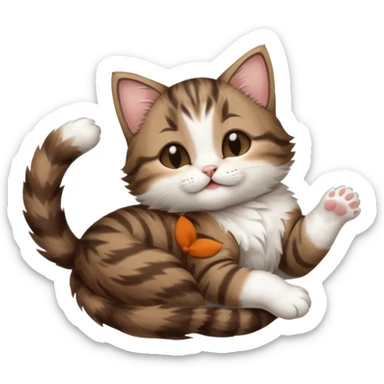 dark brown tabby and white kitten with his eyes closed whilst in funny positions stretched out and  upside down sticker