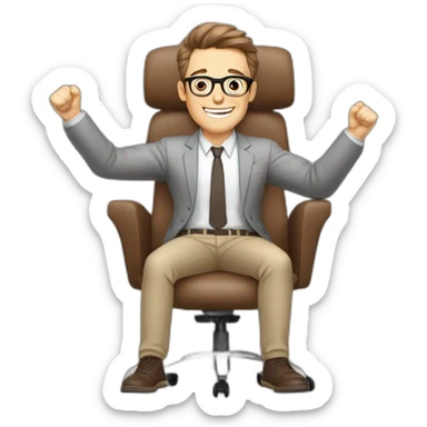 Joyful Celebrating victory Hands up Pale skinned Fit Man With dark brown hair in gray jacket, beige office shirt, Brown pants and vintage glasses sitting In a soft chair sticker
