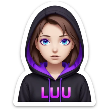 girl brown hair blue eyes wearing black hoody with violet letters "Lu" in the hood without a face. Cyberpunk style. Violet neon. sticker