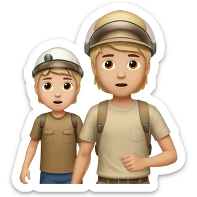 A boy with long blonde hair who is scared and being chased by tall boy with brown short hair who is wearing visors sticker