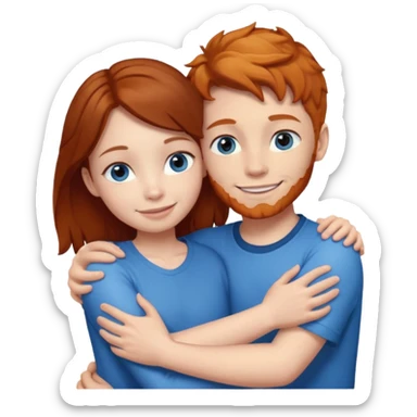 Ginger boy without facial hair hugging girl with dark brown hair. Both have blue eyes.  sticker