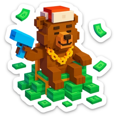 Russian grizzly bear with a rapper chain and a money gun, sitting on a throne of cash, in a nightclub setting sticker