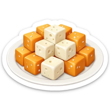 feta cheese cubes object icon, white cheese pieces on a small plate, 3D cartoon, mobile game icon style, clean background, no text, no watermark
 sticker
