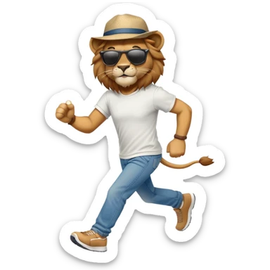 friendly anthropomorphised lion in jeans and a t-shirt, wearing dark sunglasses and a hat, jogging upright in standard pose sticker