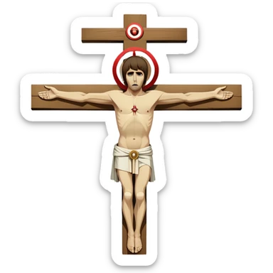 Crucified Liam Gallagher in the style of Jesus full body on cross with mod target on his robes sticker