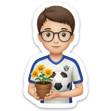 young boy wearing glasses, wearing soccer uniform, holding a flower pot sticker
