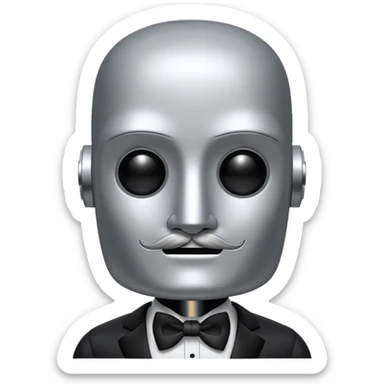 Silver robot with a square head, no hair, no pupils, thick moustache, wearing a tuxedo, buff sticker
