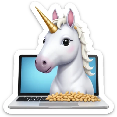 Unicorn coding on a laptop, with peanuts all over the computer sticker