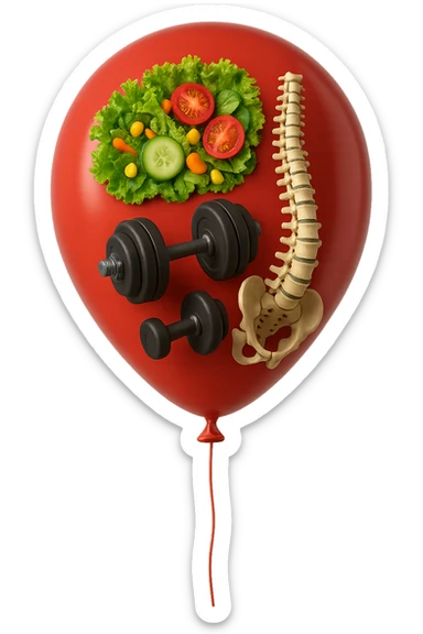 palloncino rosso con all'interno insalata, manubri da palestra e una spina dorsale anatomica realistica in 3d, isolato su sfondo bianco sticker