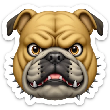Create a fierce bulldog head emoji facing forward.
Strong jaw, deep wrinkles, and an intense scowl.
slight underbite with two visible fangs.
Blk & Gold gray fur with bold highlights and shading for depth.
Add a thick spiked collar (red or black) with shiny metallic spikes.
 sticker