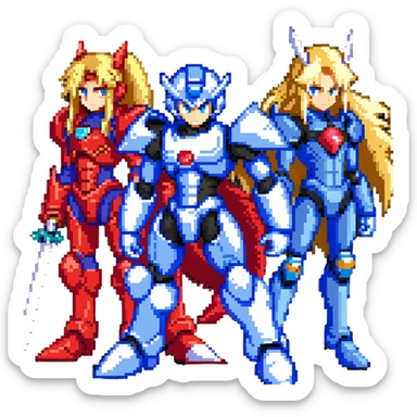 Megaman X in blue armor, Zero with long blonde hair and red armor, and Sigma with a scar, as friends posing together sticker