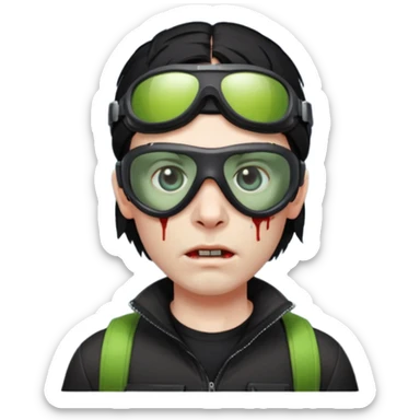Zombie Emoji AppleIOS Style, lowfade Black Hair, Ski Goggles on right slide of The Head, and Black T-shirt sticker