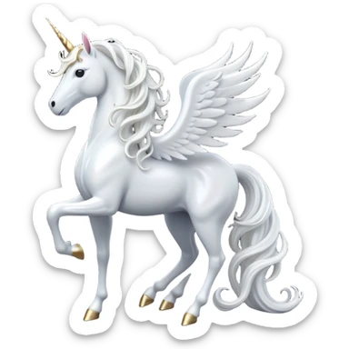 cinematic-beautiful-white-unicorn-full body-emoji,-poised-and-regal,-with-a-slender,-ethereal-form-draped-in-a-pristine-white-color,-a-flowing-mane-and-tail,-and-a-glistening,-spiraled-horn-that-radiates-pure-light,-simplified-yet-sharp-and-majestic, zoomed out to show a majestic unicorn sticker