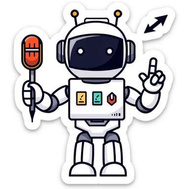 vibrant sticker-style image of a robot holding a microphone and a scorecard, with a large arrow pointing down and the words: 'Click down here 👇' in a fun font sticker