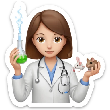 a cute brown haired girl with hazel eyes holding a white mice in hand doing experiment in lab sticker