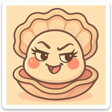 Add pretty eyelashes to the cute oyster, keep the subtle and bright pastel background, maintain the pearly reflections on the shell, the softness of the red cheeks, pastel toon details, mischievous expression, creamy, peach and greige texture, and the volume of the shell. sticker