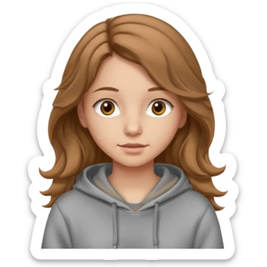 Girl with long and light brown hair and wear hoody and her hai is somethig betwwen curly and stright and her eyes is same color with her hair her skin is white sticker