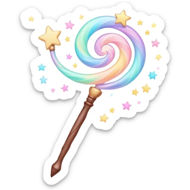 Cinematic cute magical wand, pastel swirls of color, tiny twinkling stars floating around, glowing softly, chubby rounded edges, whimsical and dreamy. sticker