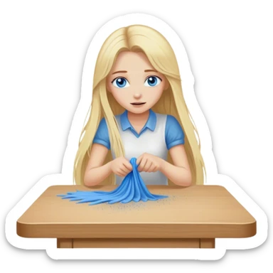 Cinematic realistic blonde with long hair, blue eyes wipes dust off the table sticker