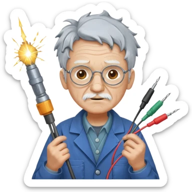 A scatteredbrained old tinkerer with messy workshop coat, holding sparking wires.
 sticker