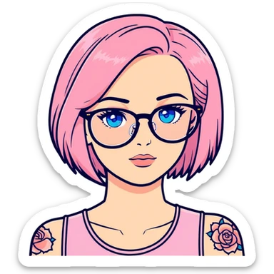Realistic beautiful woman model, blue eyes and glasses, pink shoulder length hair, shoulder tattoo  sticker