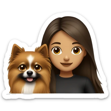 girl with long hair, white skin, brown eyes, working on laptop, while her black-and-tan pomeranian is next to her sticker