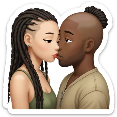 Half shaved head Asian girl kissing black guy with dreads sticker