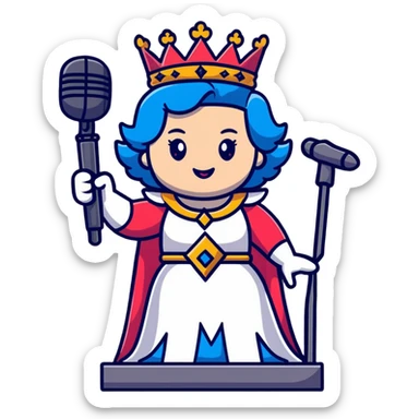 rock and roll queen with crown, microphone, rock star pose, energetic sticker